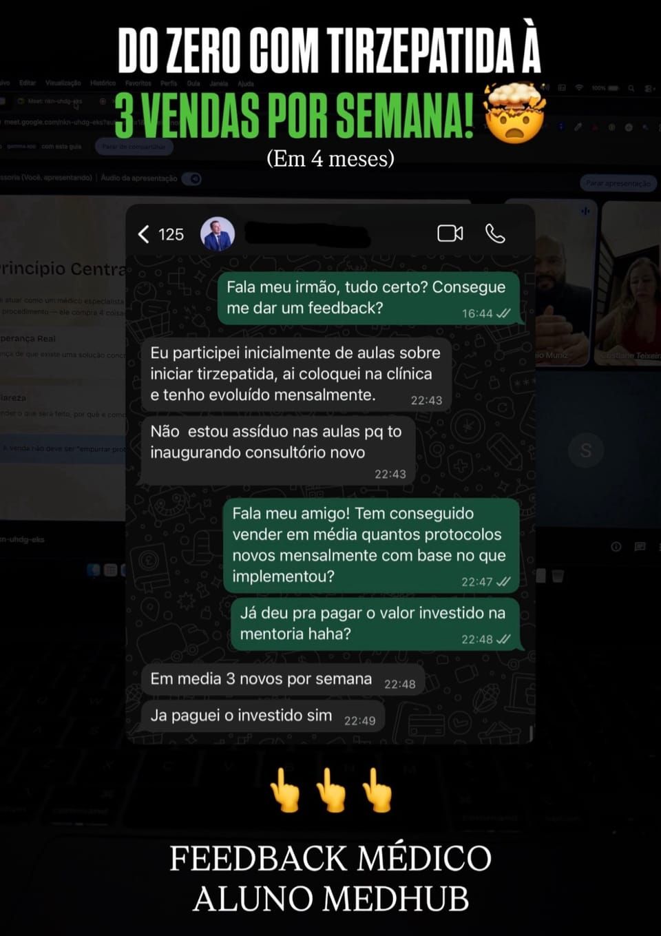 Print de conversa no WhatsApp: aluno MedHub relatando que após iniciar protocolos de tirzepatida está fechando em média 3 novos protocolos por semana e já pagou o investimento na mentoria.