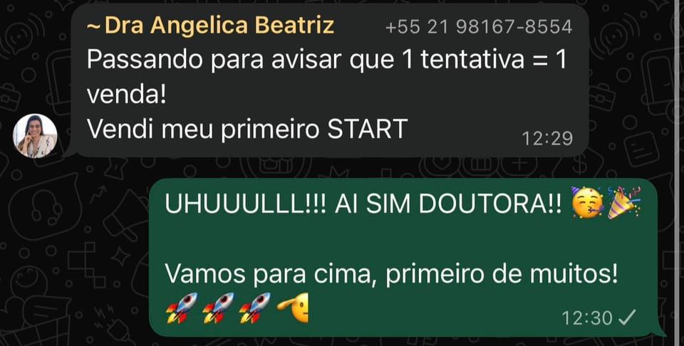Print de WhatsApp da Dra. Angélica Beatriz avisando que vendeu seu primeiro protocolo START de tirzepatida na primeira tentativa.